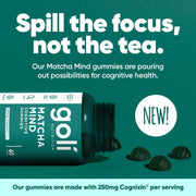 Goli Matcha Mind Gummies - Green Tea Leaves Powder with Cognizin for Focus, Attention and Brain Health, Vegan, Non-GMO, Gluten-Free & Gelatin Free