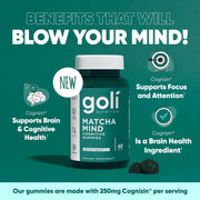 Goli Matcha Mind Gummies - Green Tea Leaves Powder with Cognizin for Focus, Attention and Brain Health, Vegan, Non-GMO, Gluten-Free & Gelatin Free